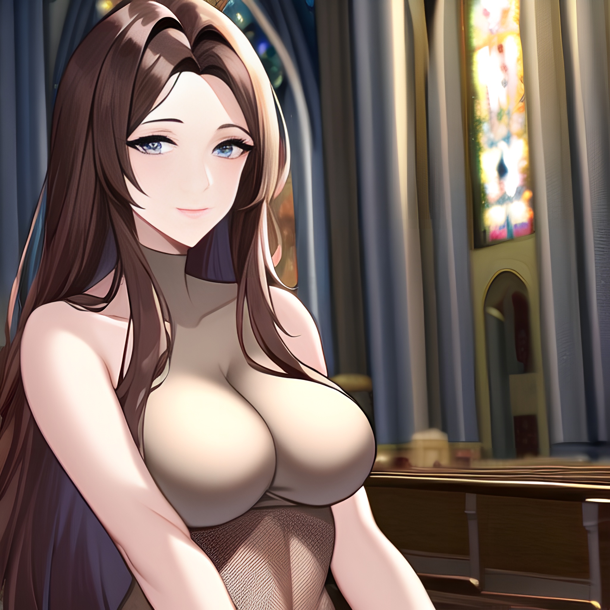 brunette fishnet church woman messy hair long hair