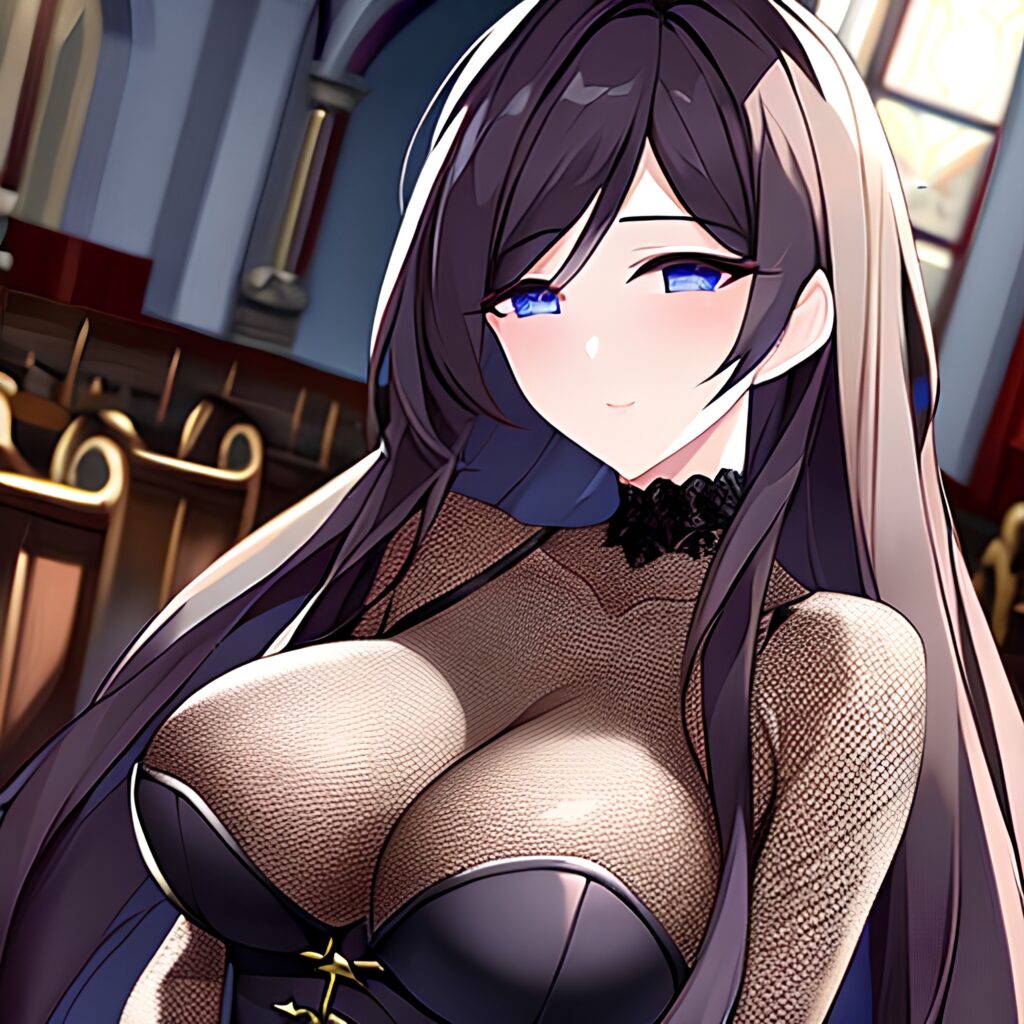 brunette fishnet church woman messy hair long hair 