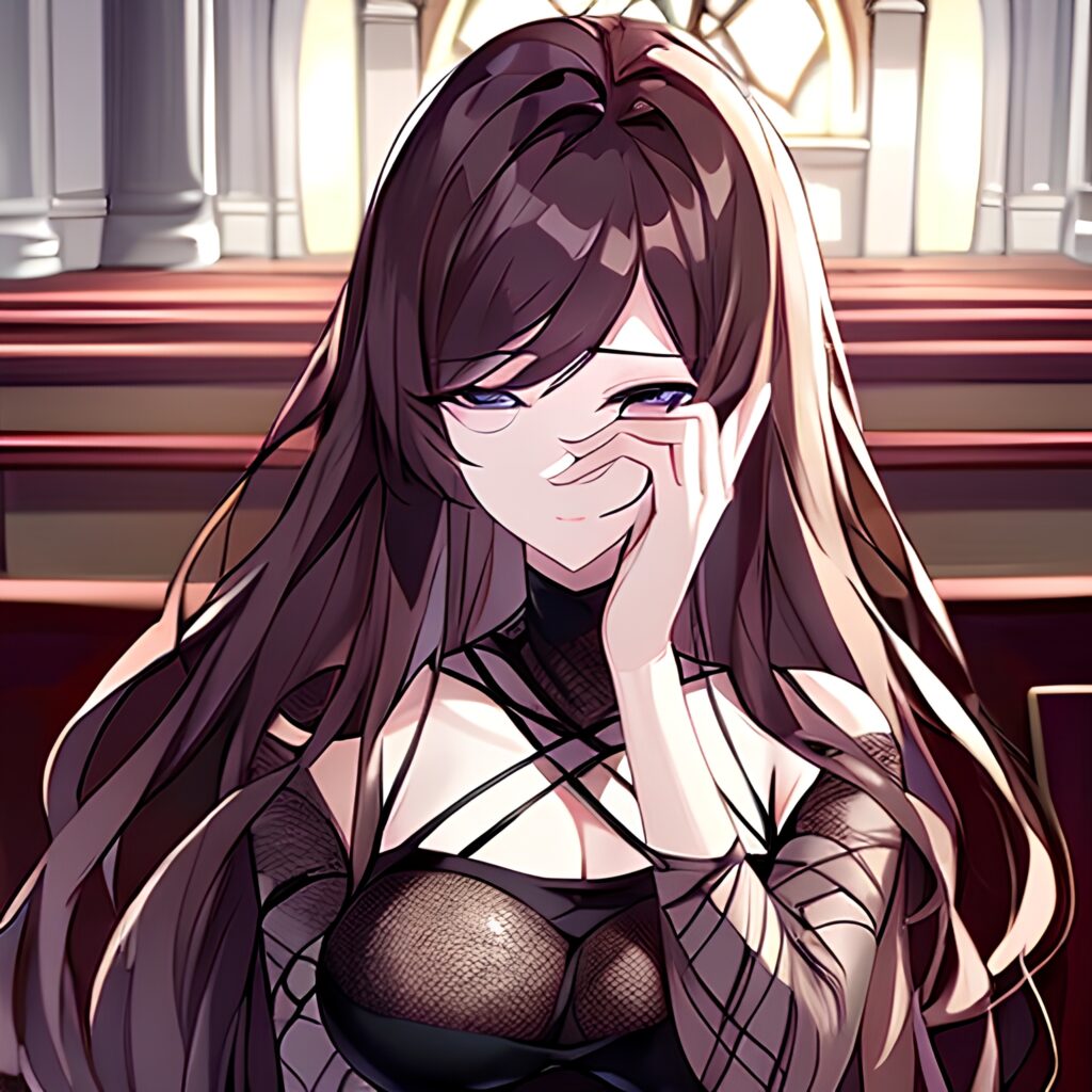 brunette fishnet long hair church messy hair woman