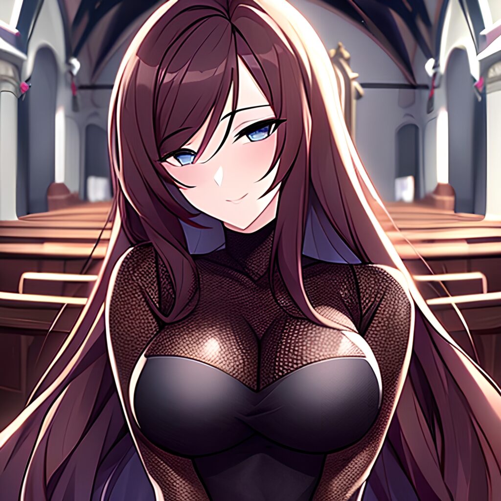 brunette fishnet long hair church woman messy hair
