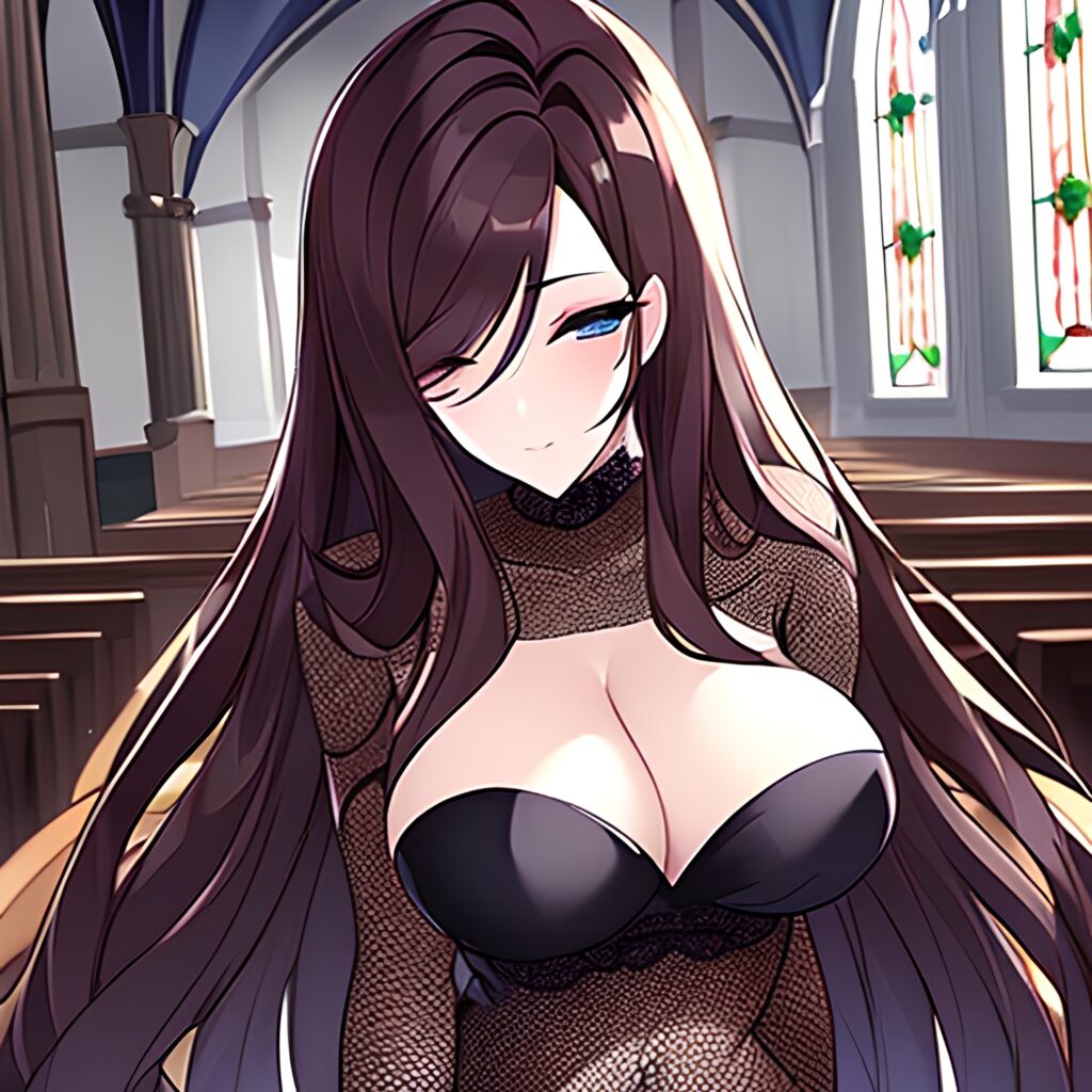 brunette fishnet long hair messy hair church woman 