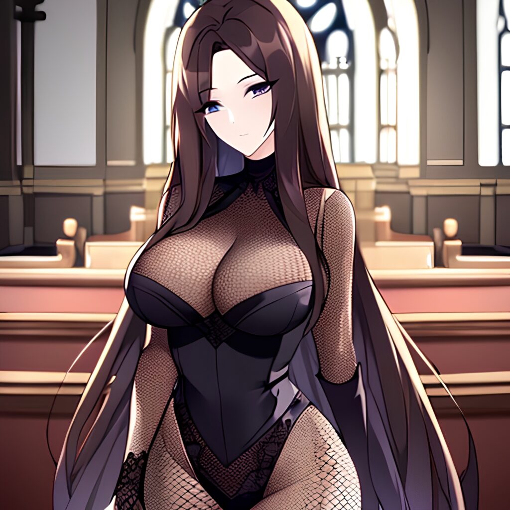 brunette fishnet long hair messy hair church woman