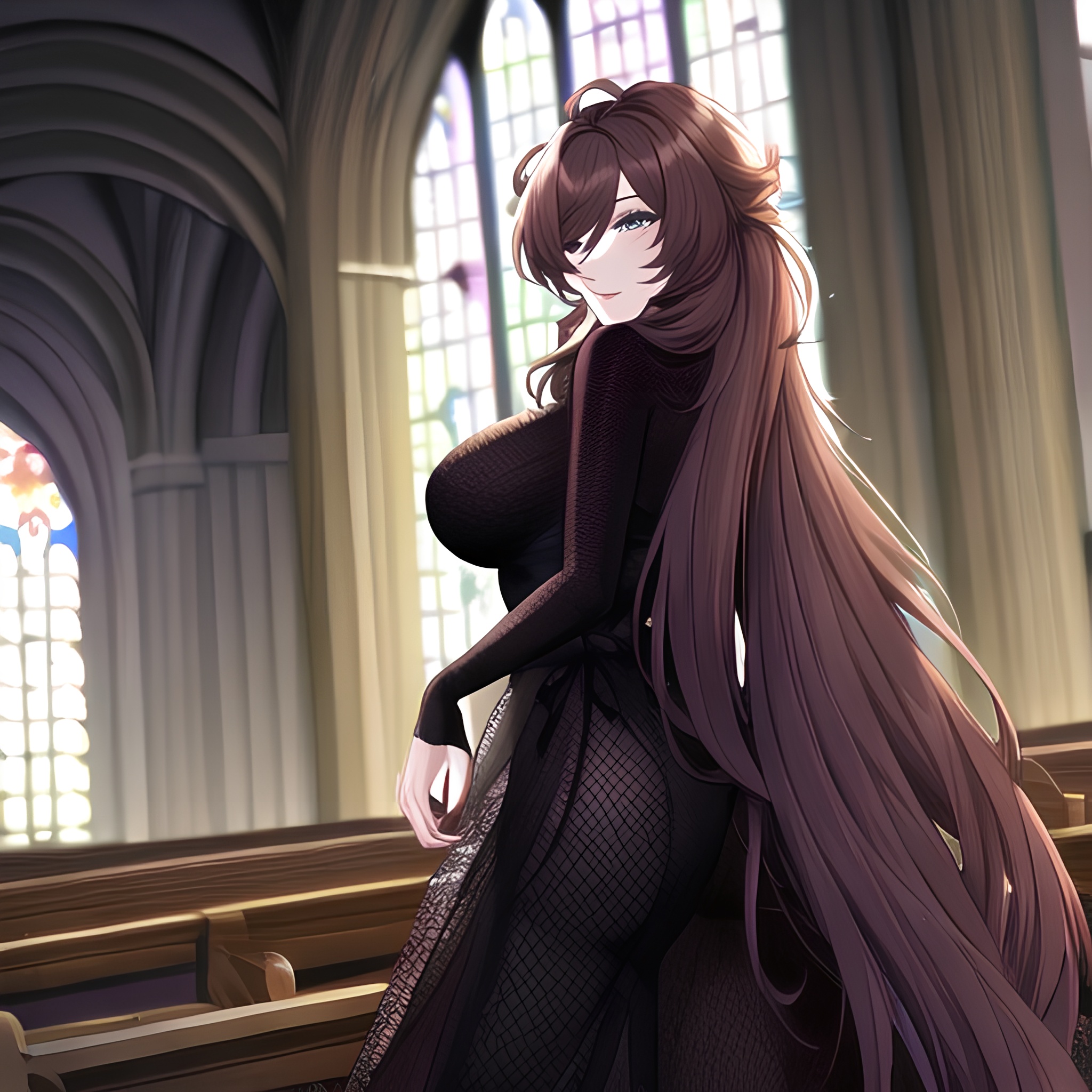 brunette fishnet long hair messy hair church woman