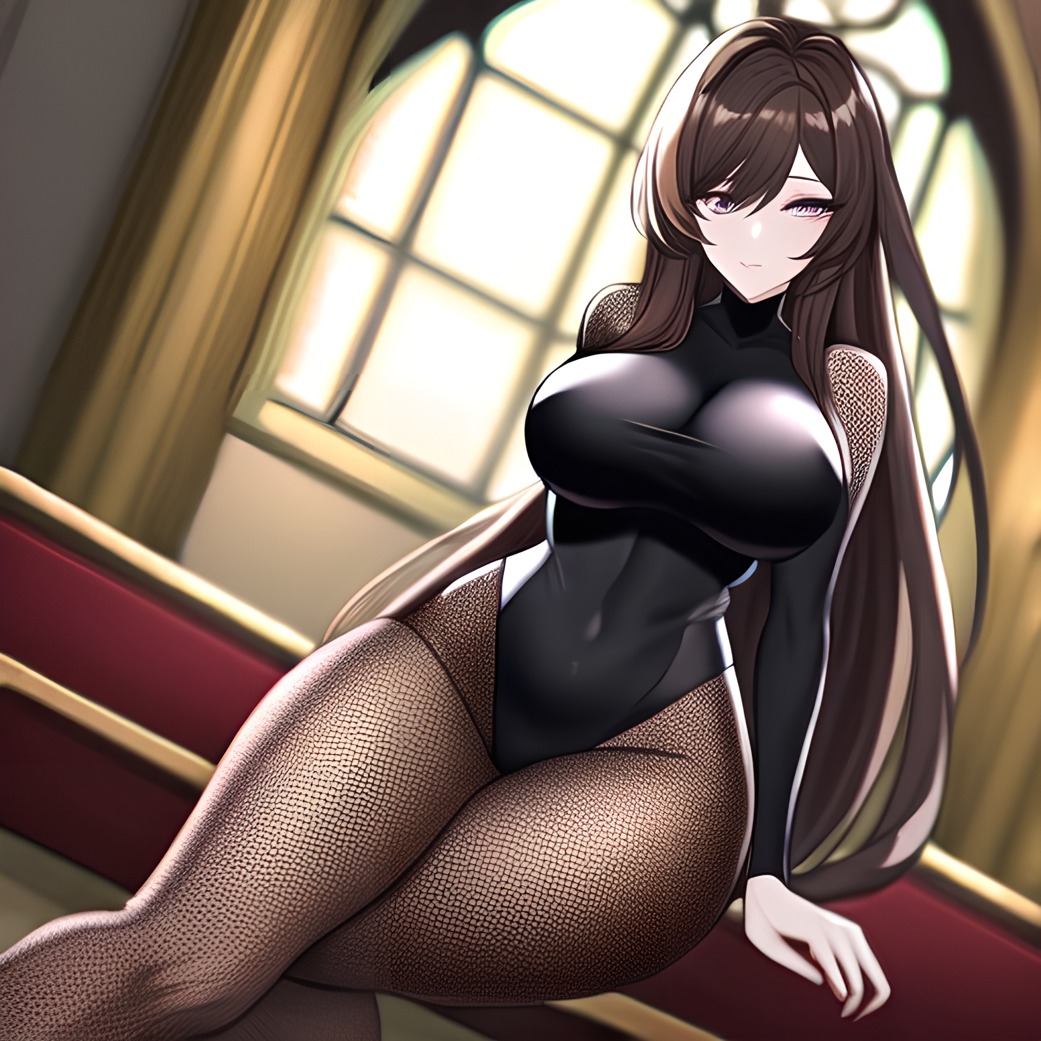 brunette fishnet long hair messy hair church woman