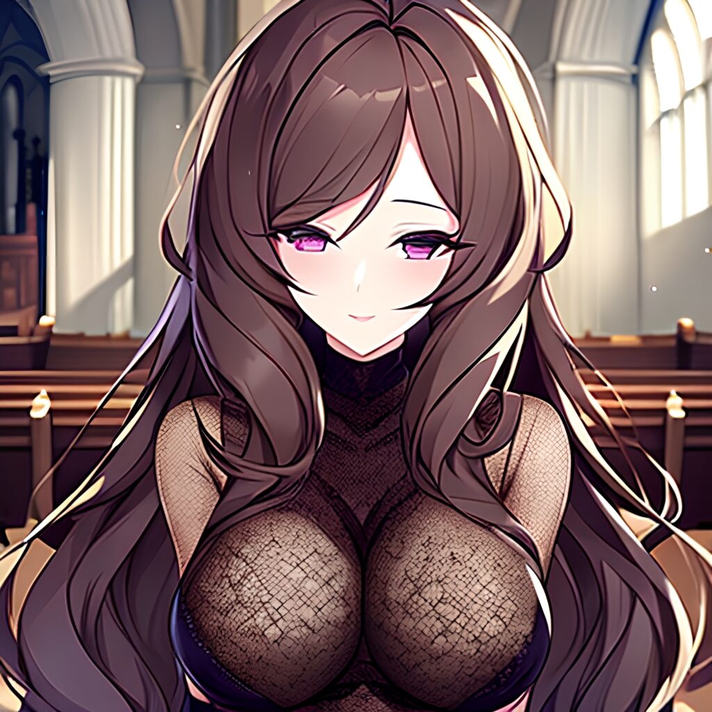 brunette fishnet long hair messy hair woman church 