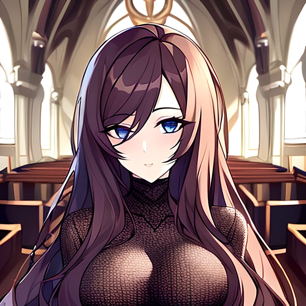 brunette fishnet long hair woman church messy hair