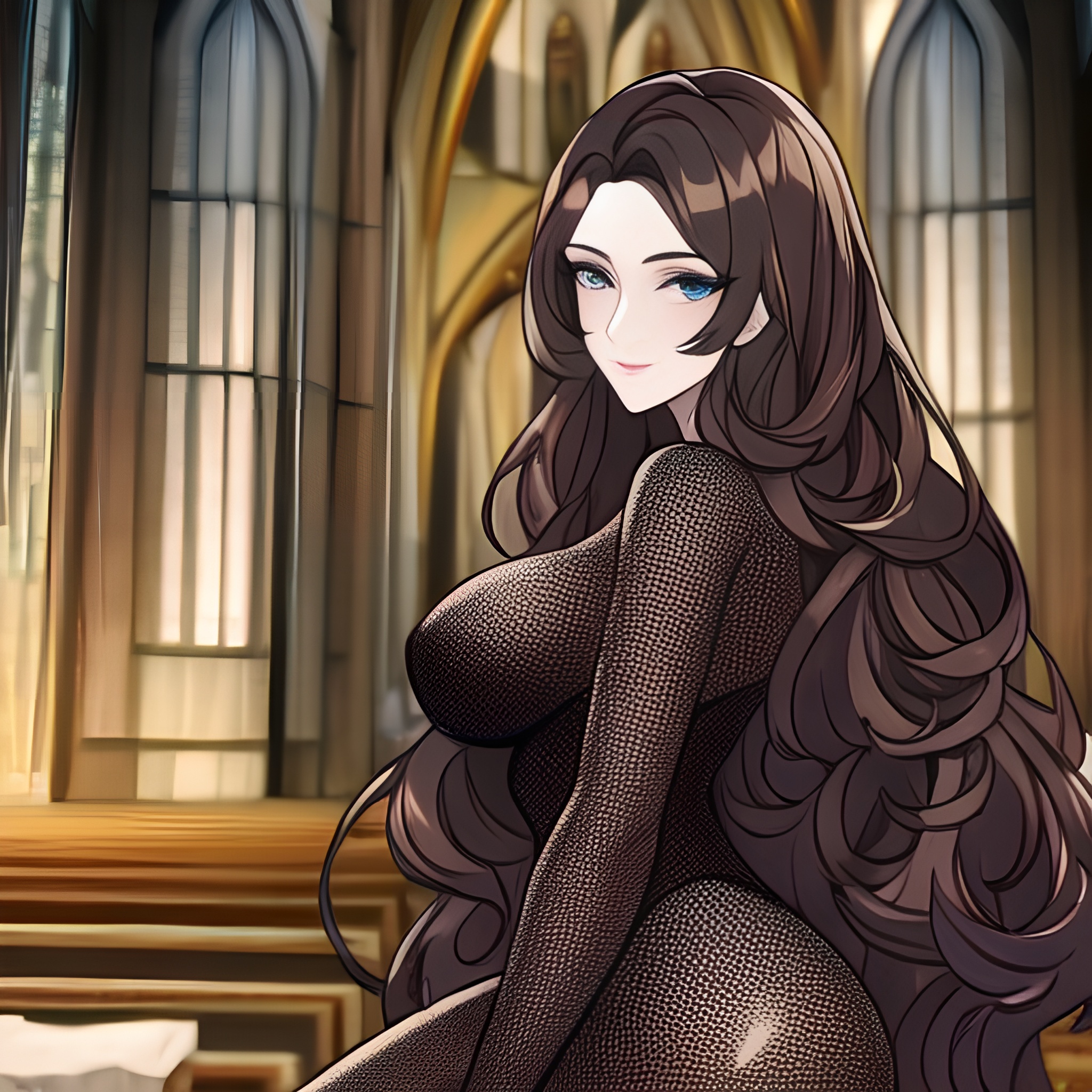 brunette fishnet long hair woman church messy hair 