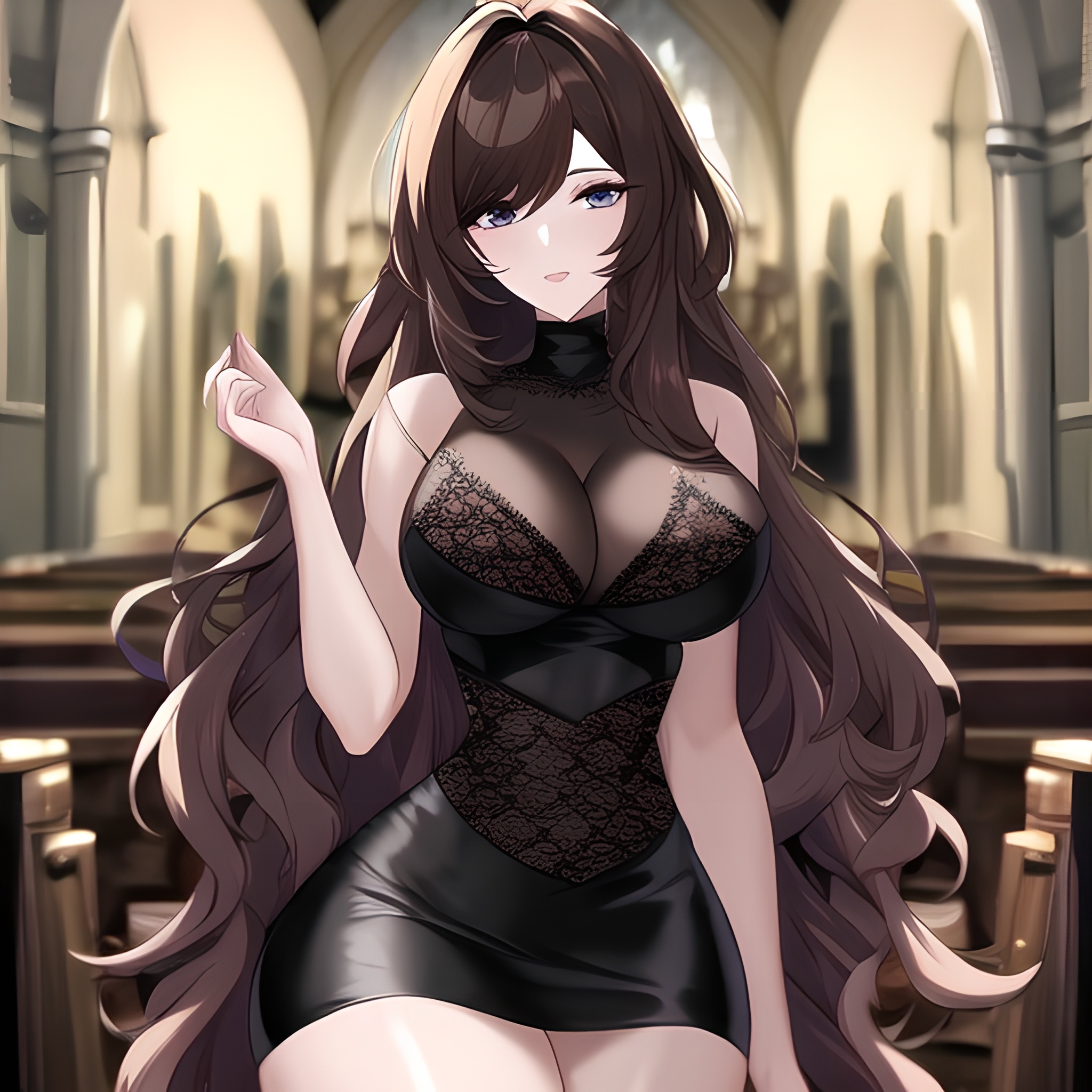 brunette fishnet long hair woman church messy hair