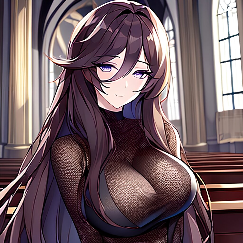 brunette fishnet long hair woman church messy hair 