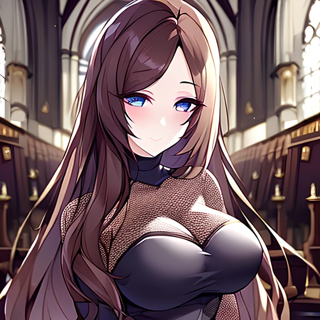brunette fishnet long hair woman church messy hair