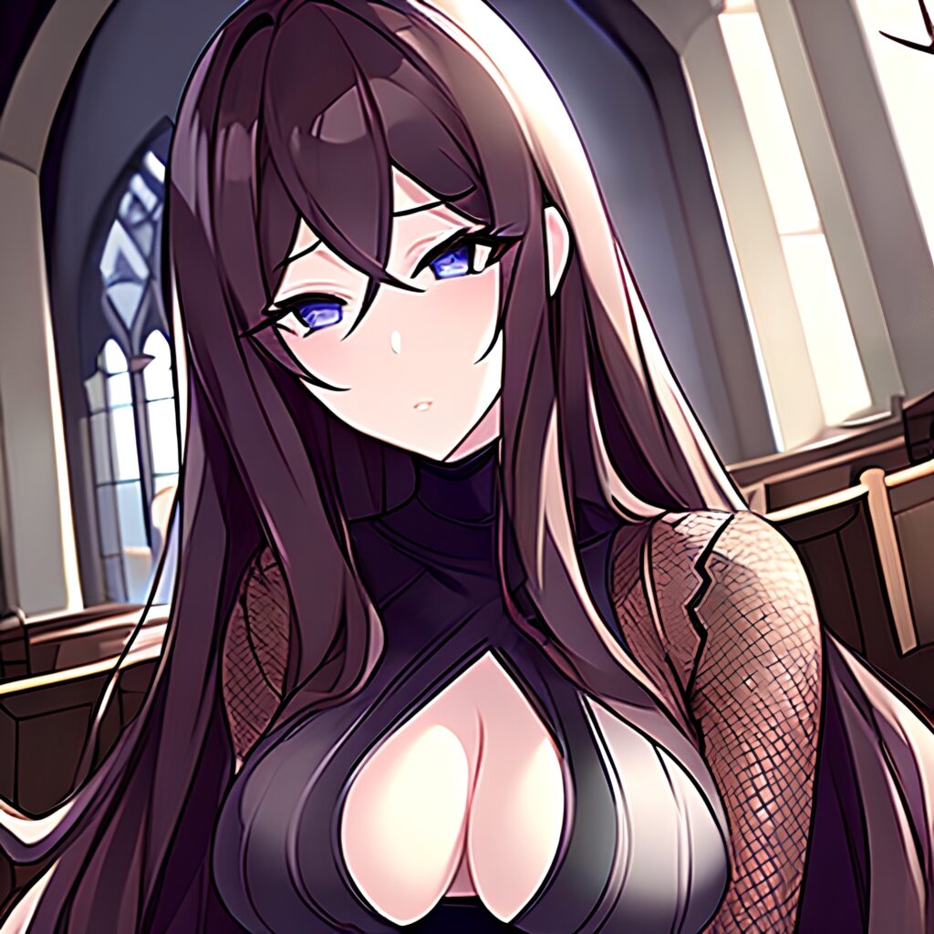 brunette fishnet long hair woman church messy hair