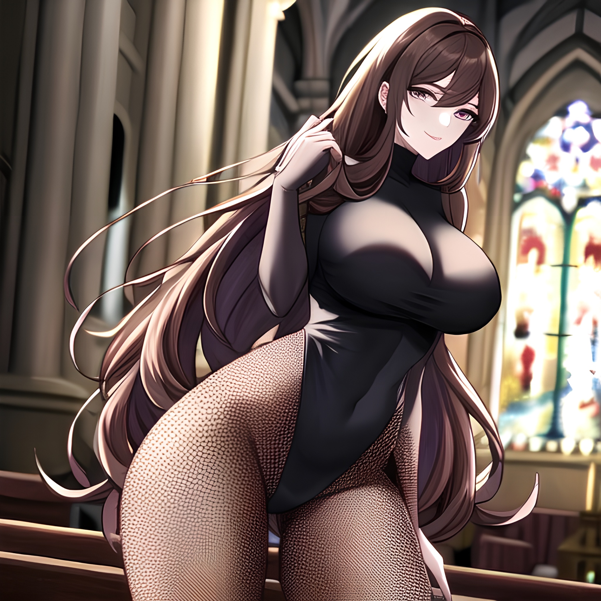 brunette fishnet long hair woman messy hair church