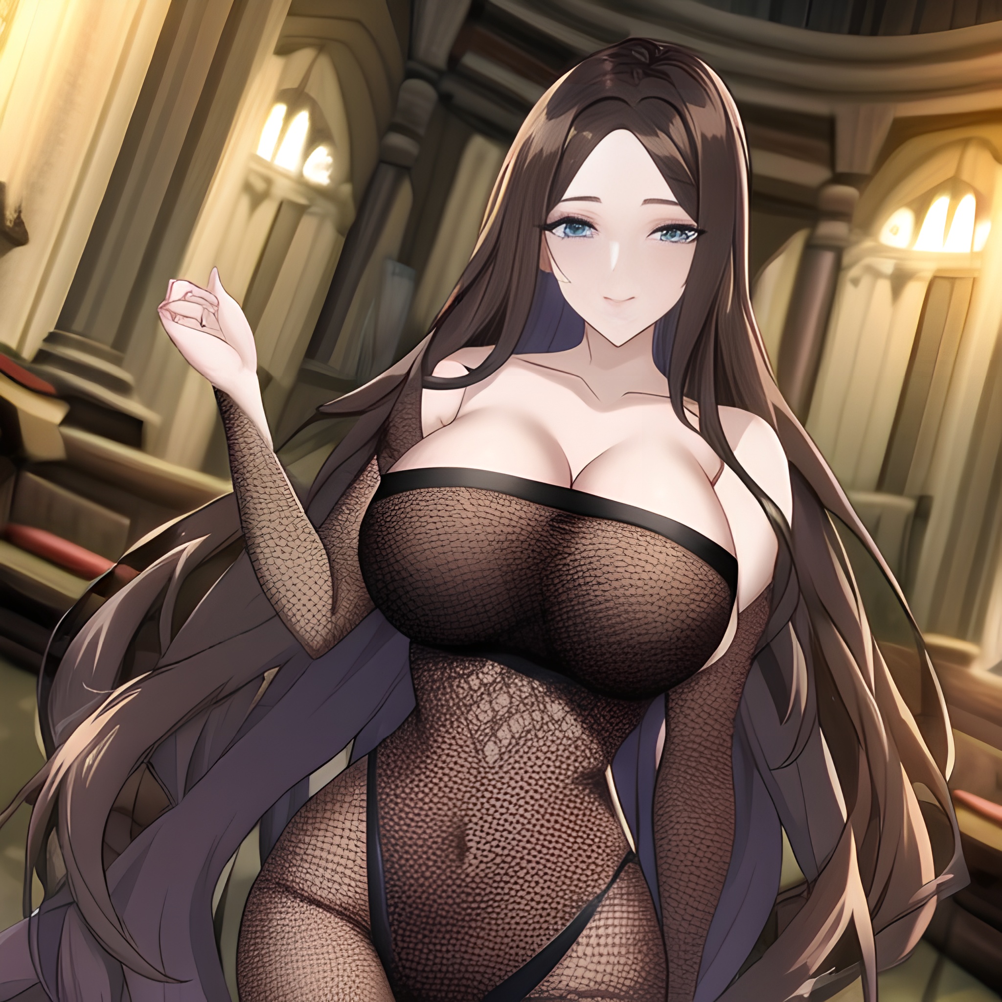 brunette fishnet messy hair church long hair woman