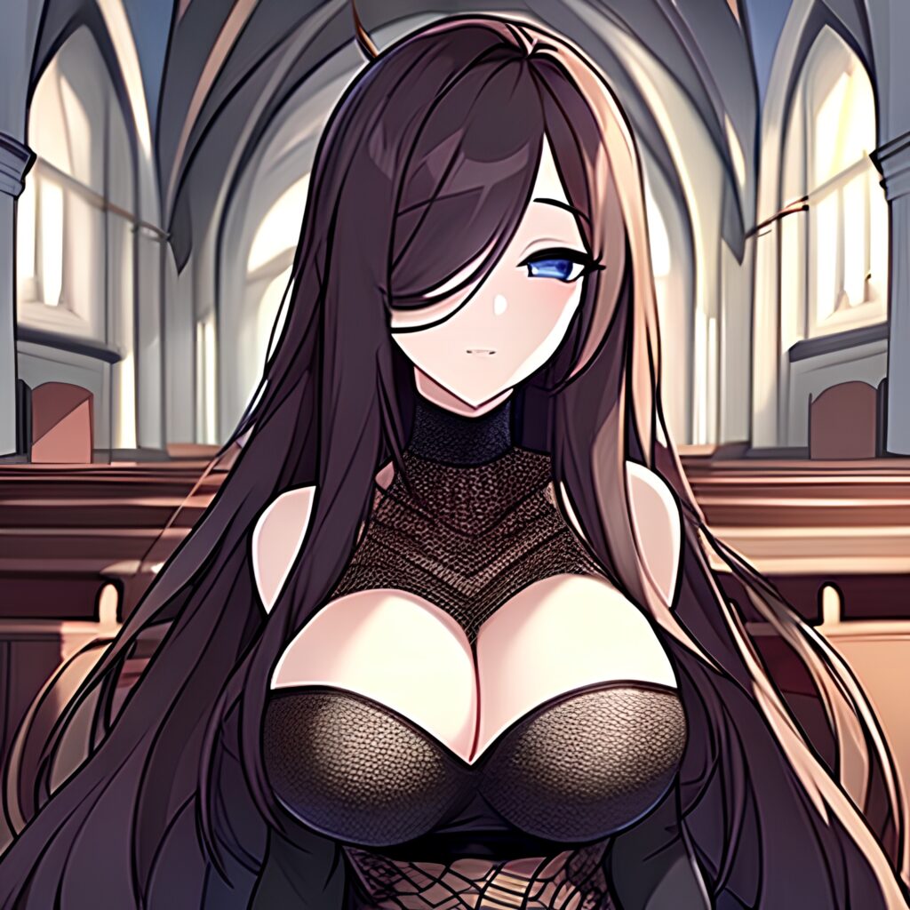 brunette fishnet messy hair church woman long hair