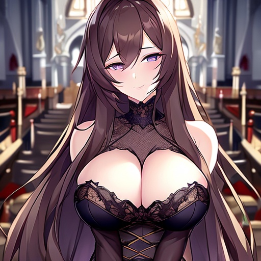 brunette fishnet messy hair long hair church woman 