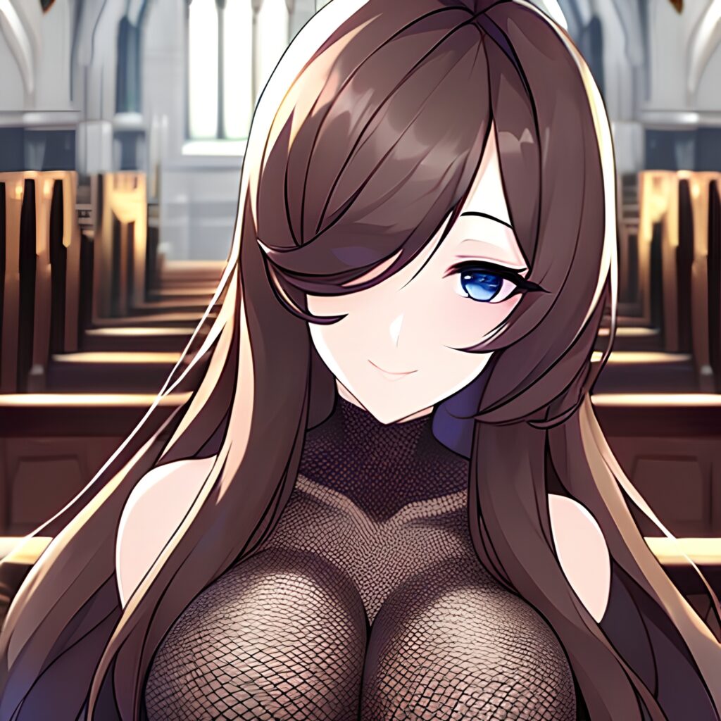 brunette fishnet messy hair long hair church woman