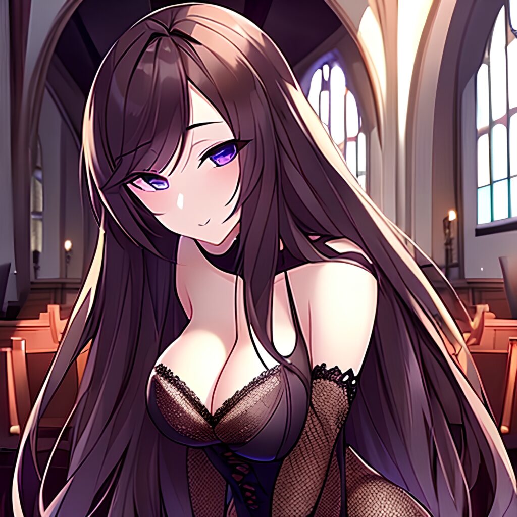brunette fishnet messy hair long hair woman church