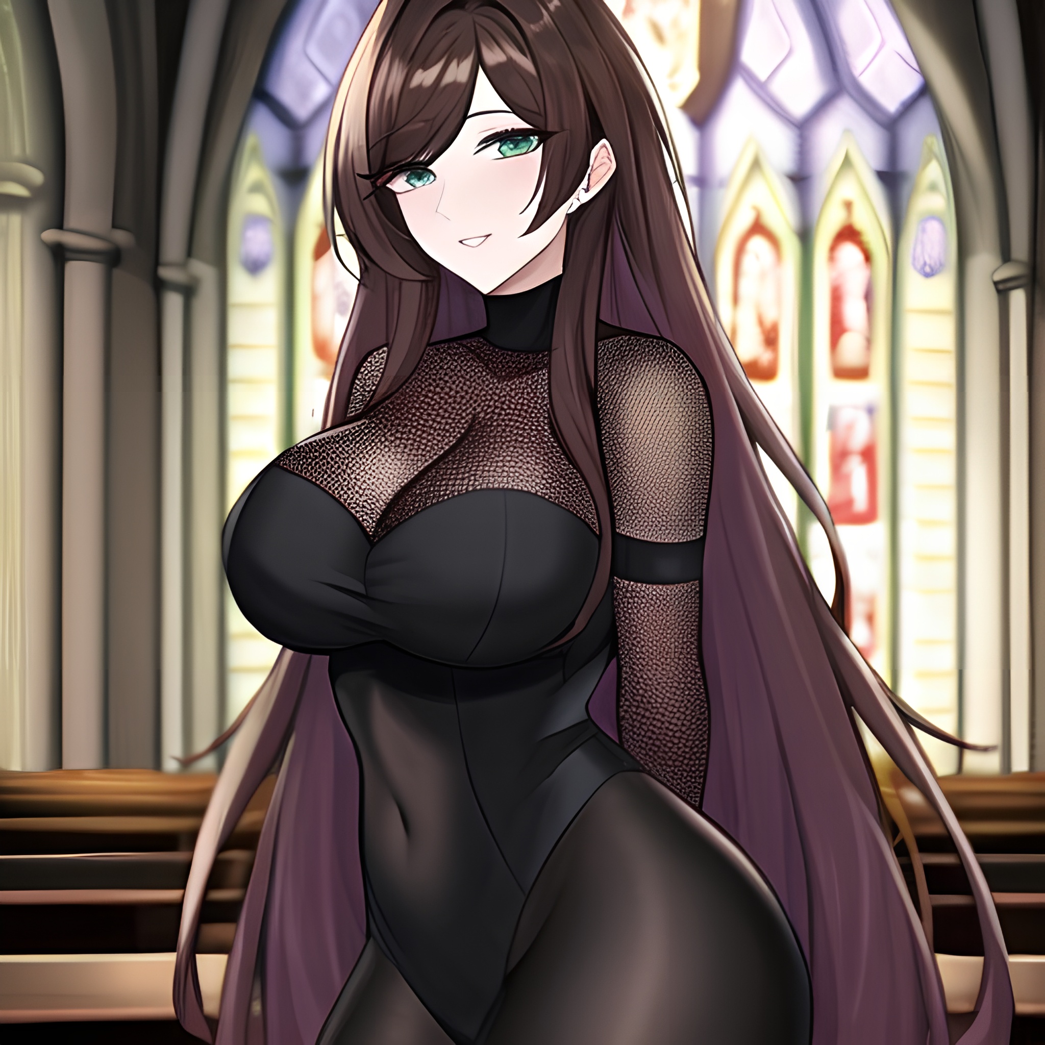 brunette fishnet messy hair long hair woman church