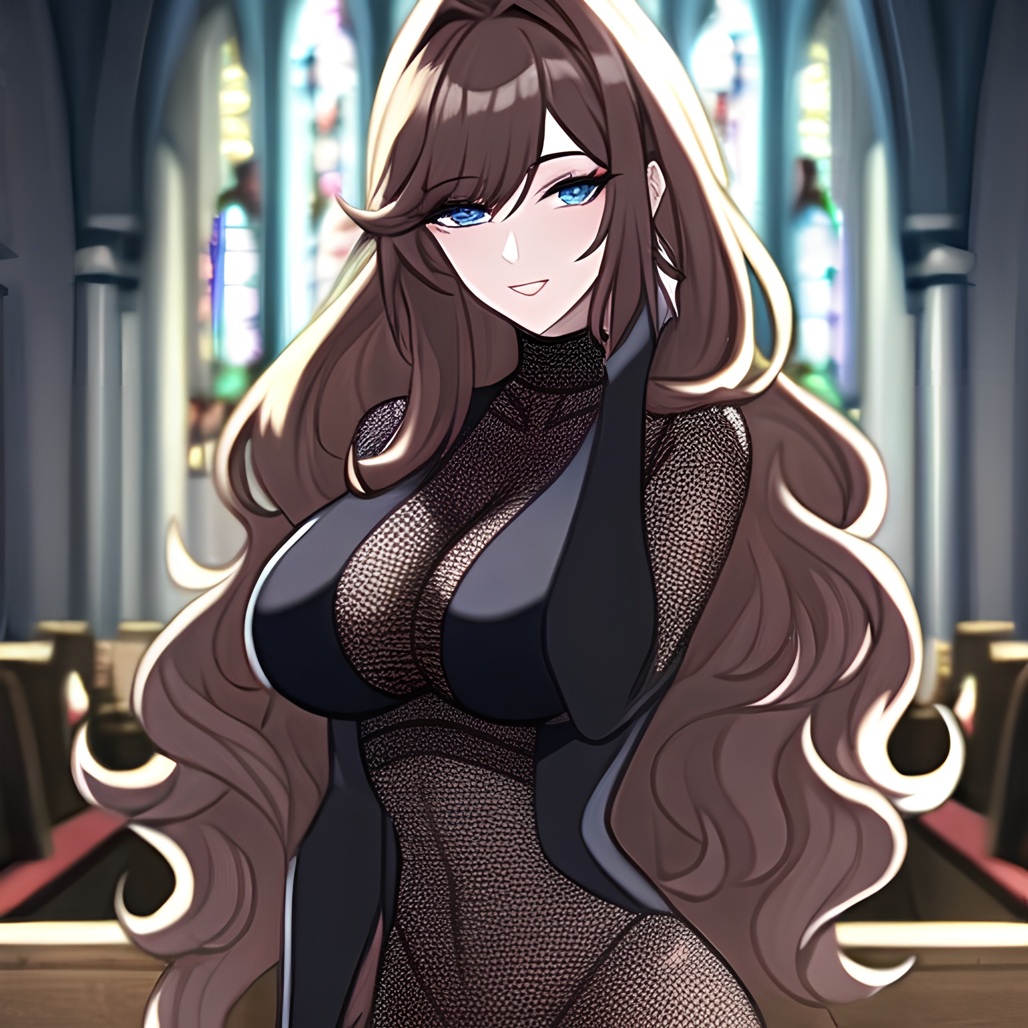 brunette fishnet messy hair woman church long hair 