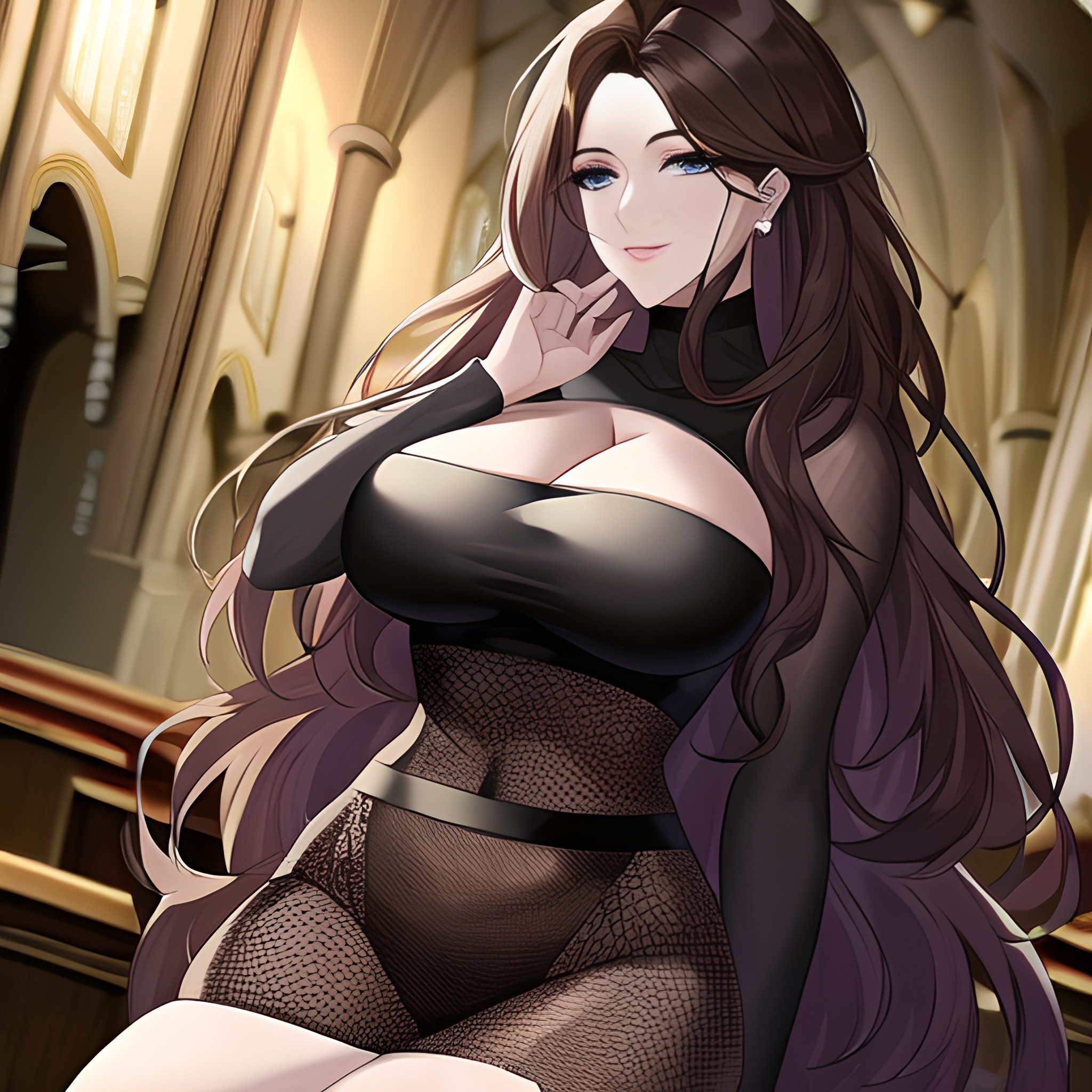 brunette fishnet messy hair woman long hair church 