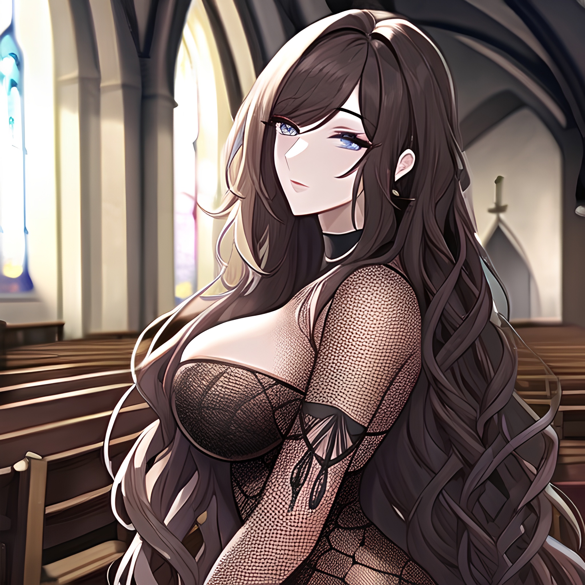 brunette fishnet messy hair woman long hair church 