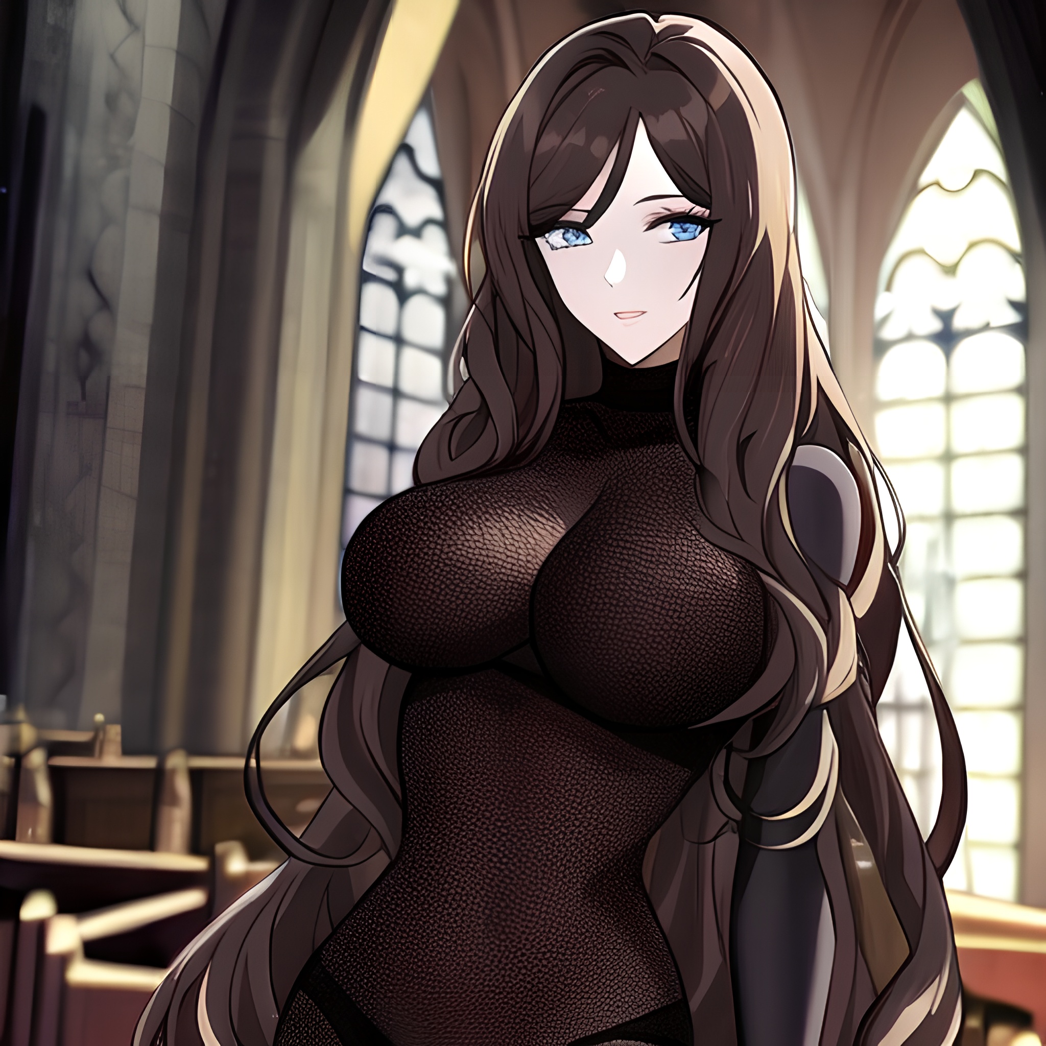 brunette fishnet messy hair woman long hair church 