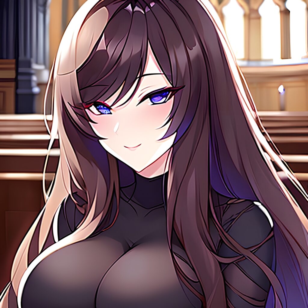 brunette fishnet woman church long hair messy hair 