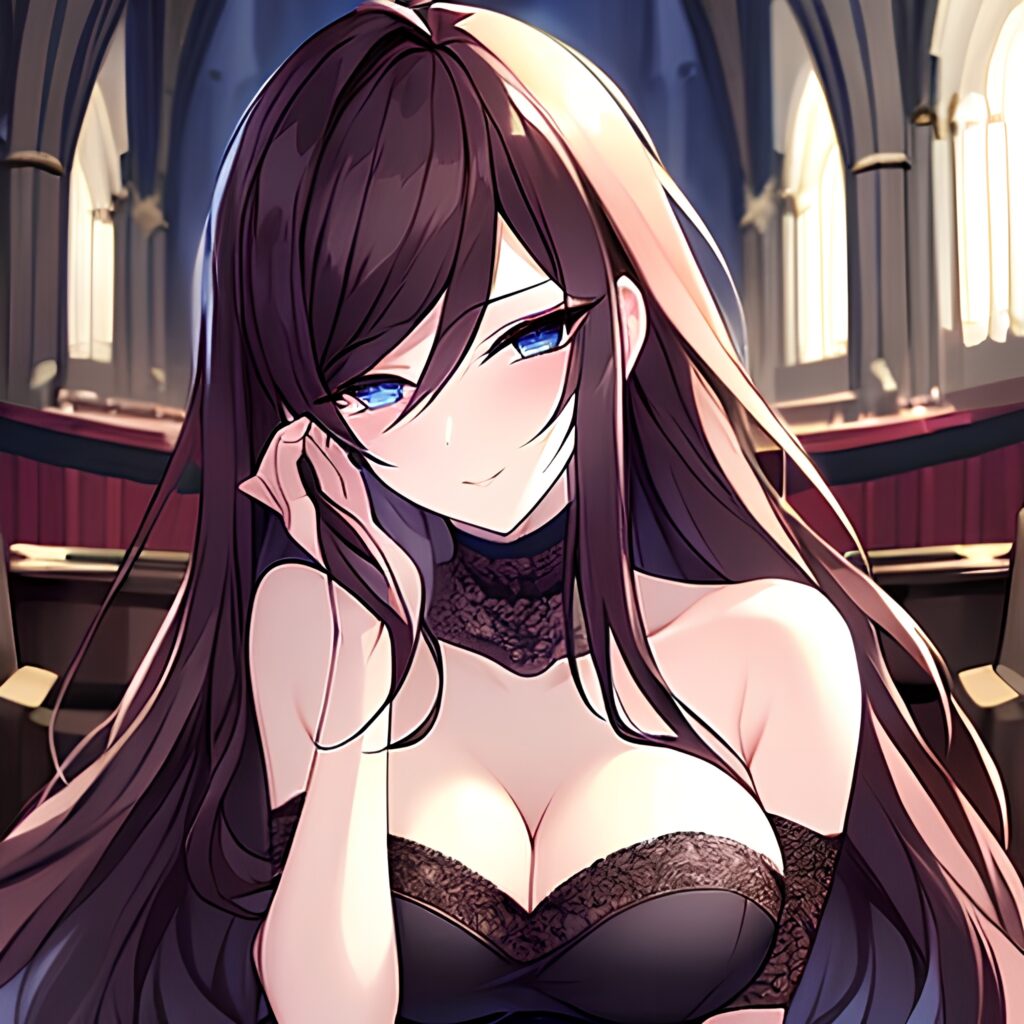 brunette fishnet woman church long hair messy hair