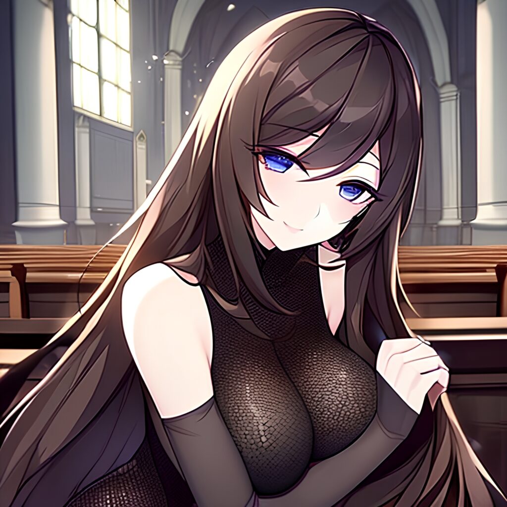 brunette fishnet woman church long hair messy hair 