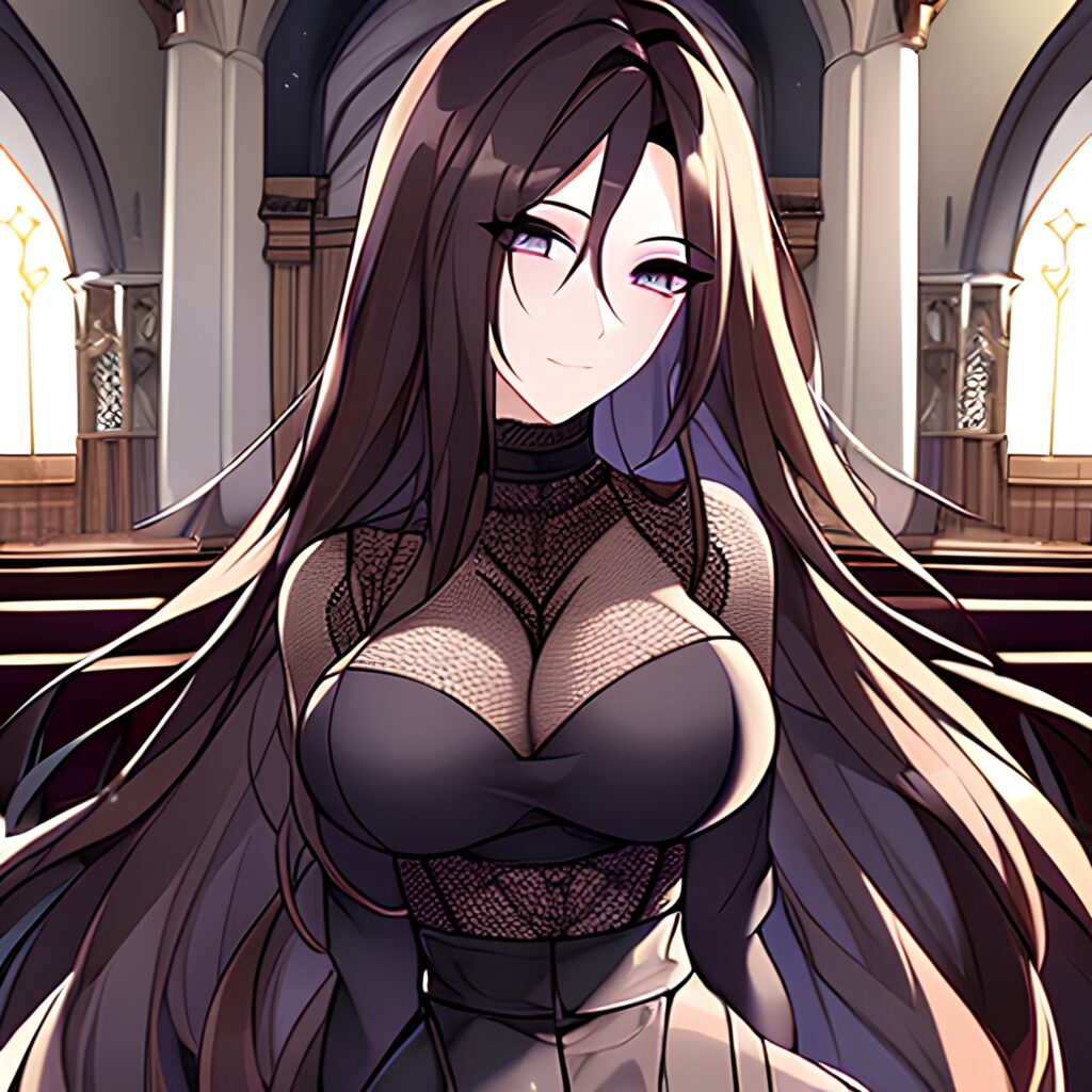 brunette fishnet woman church long hair messy hair