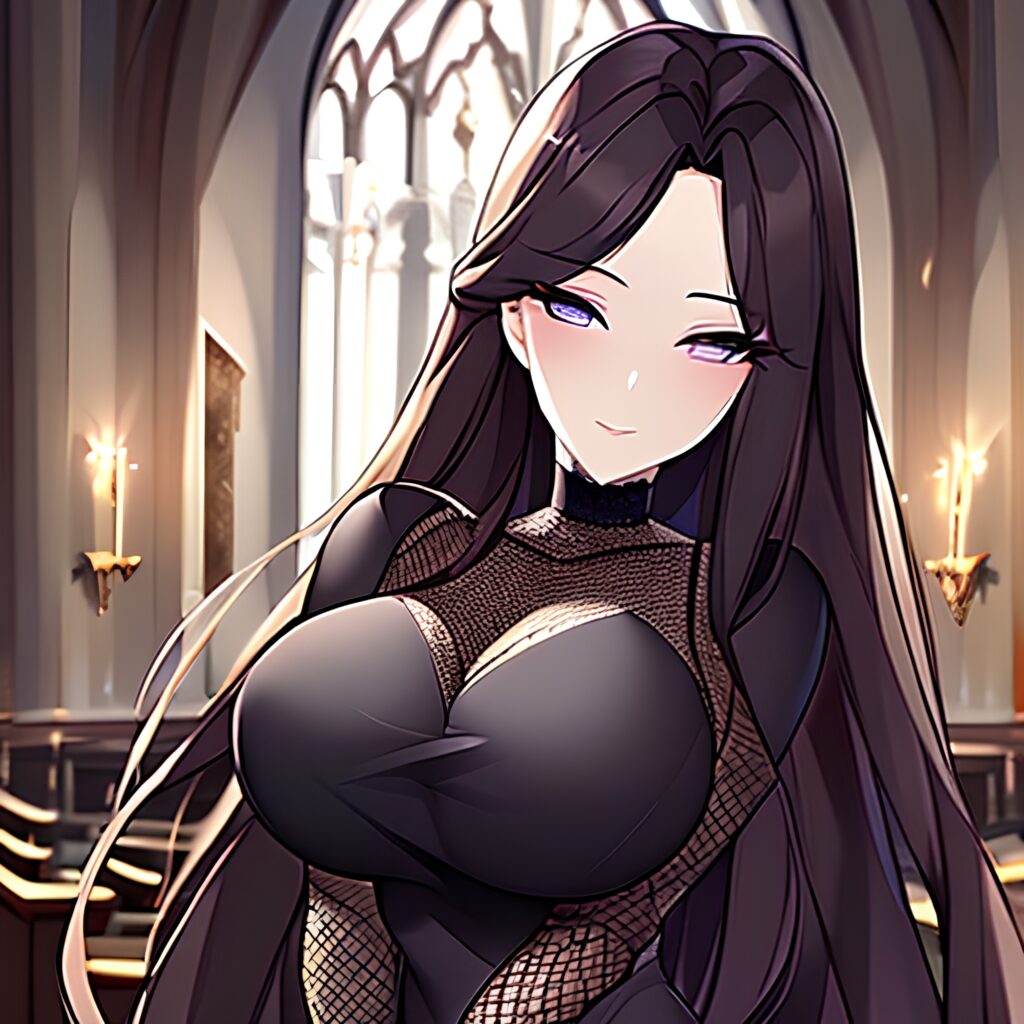 brunette fishnet woman church long hair messy hair