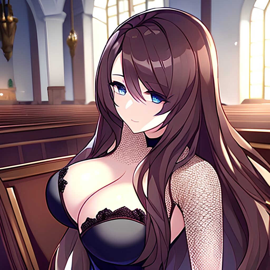 brunette fishnet woman church messy hair long hair