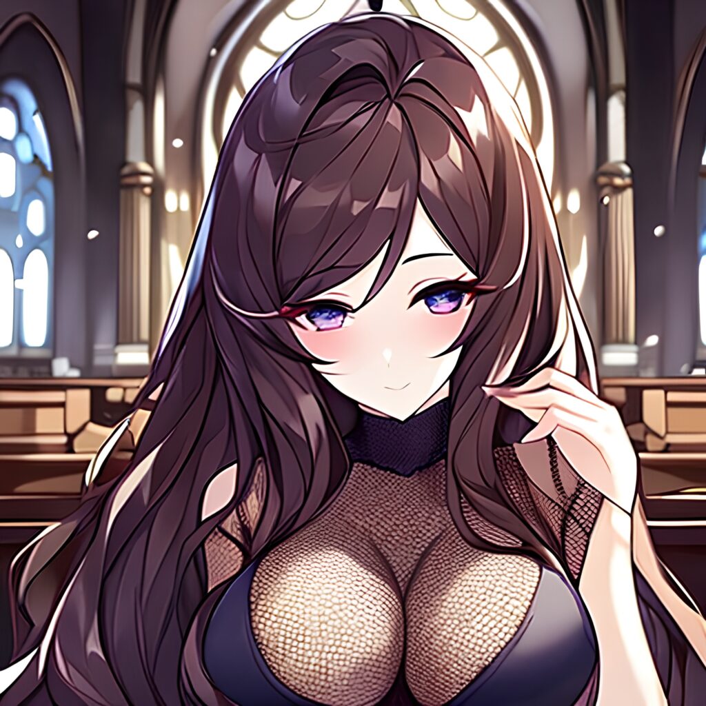 brunette fishnet woman church messy hair long hair