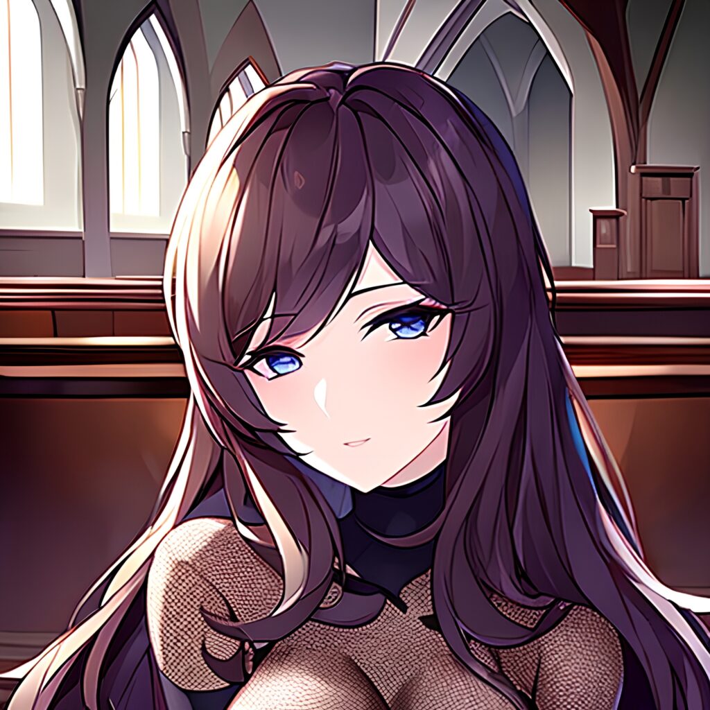 brunette fishnet woman church messy hair long hair