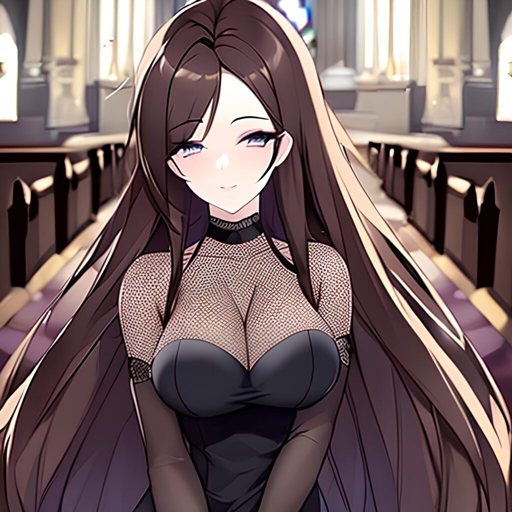 brunette fishnet woman church messy hair long hair 