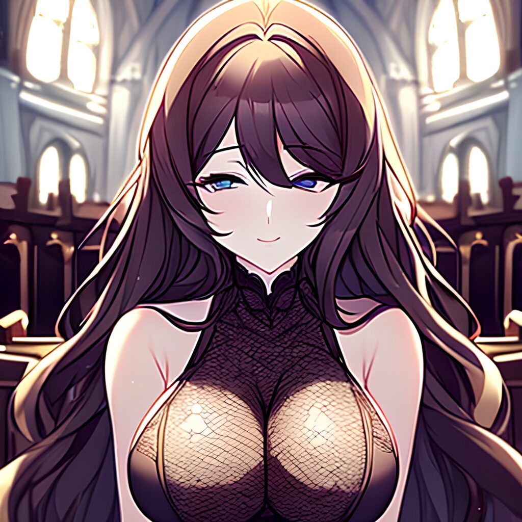 brunette fishnet woman church messy hair long hair