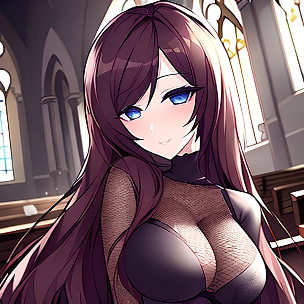 brunette fishnet woman church messy hair long hair