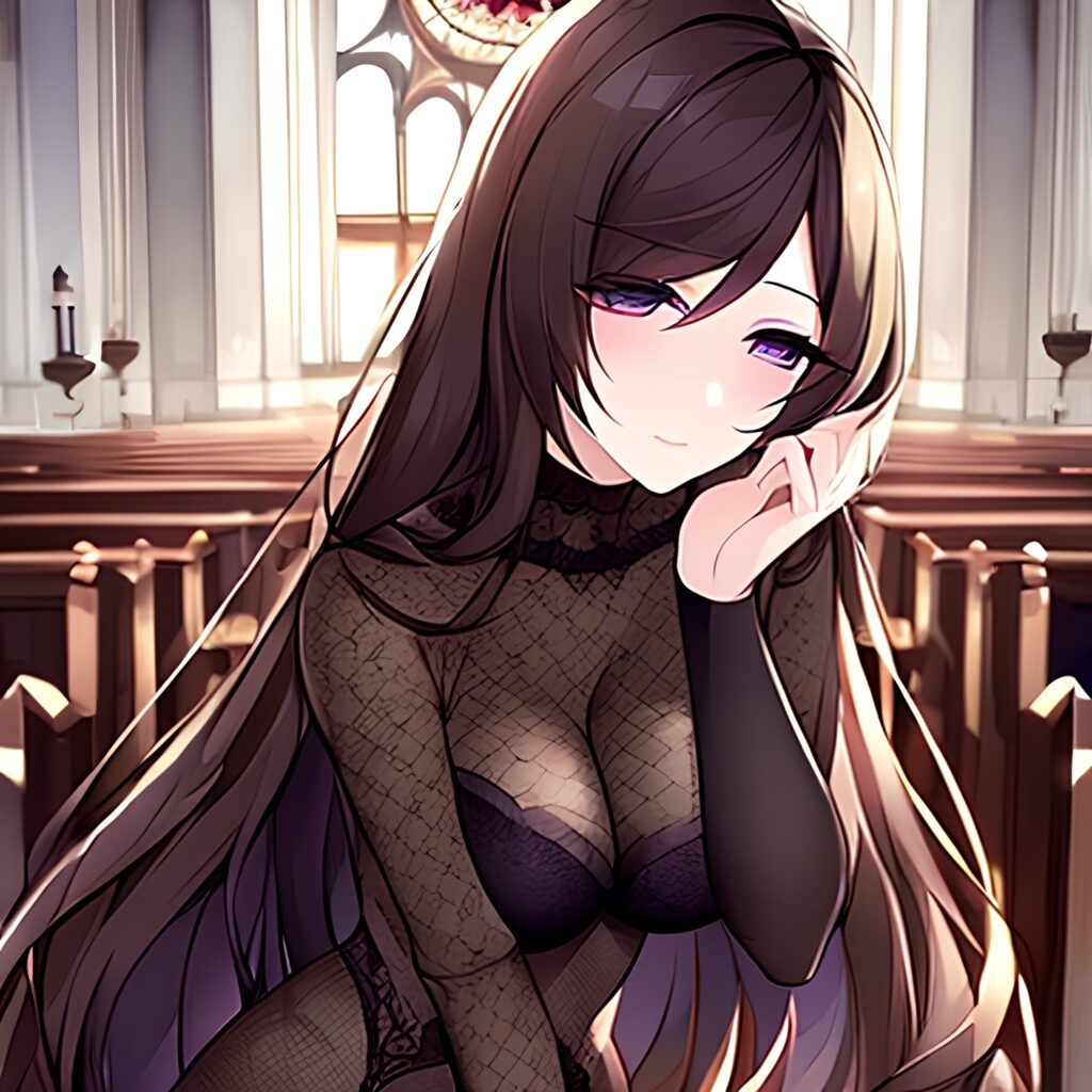 brunette fishnet woman church messy hair long hair 