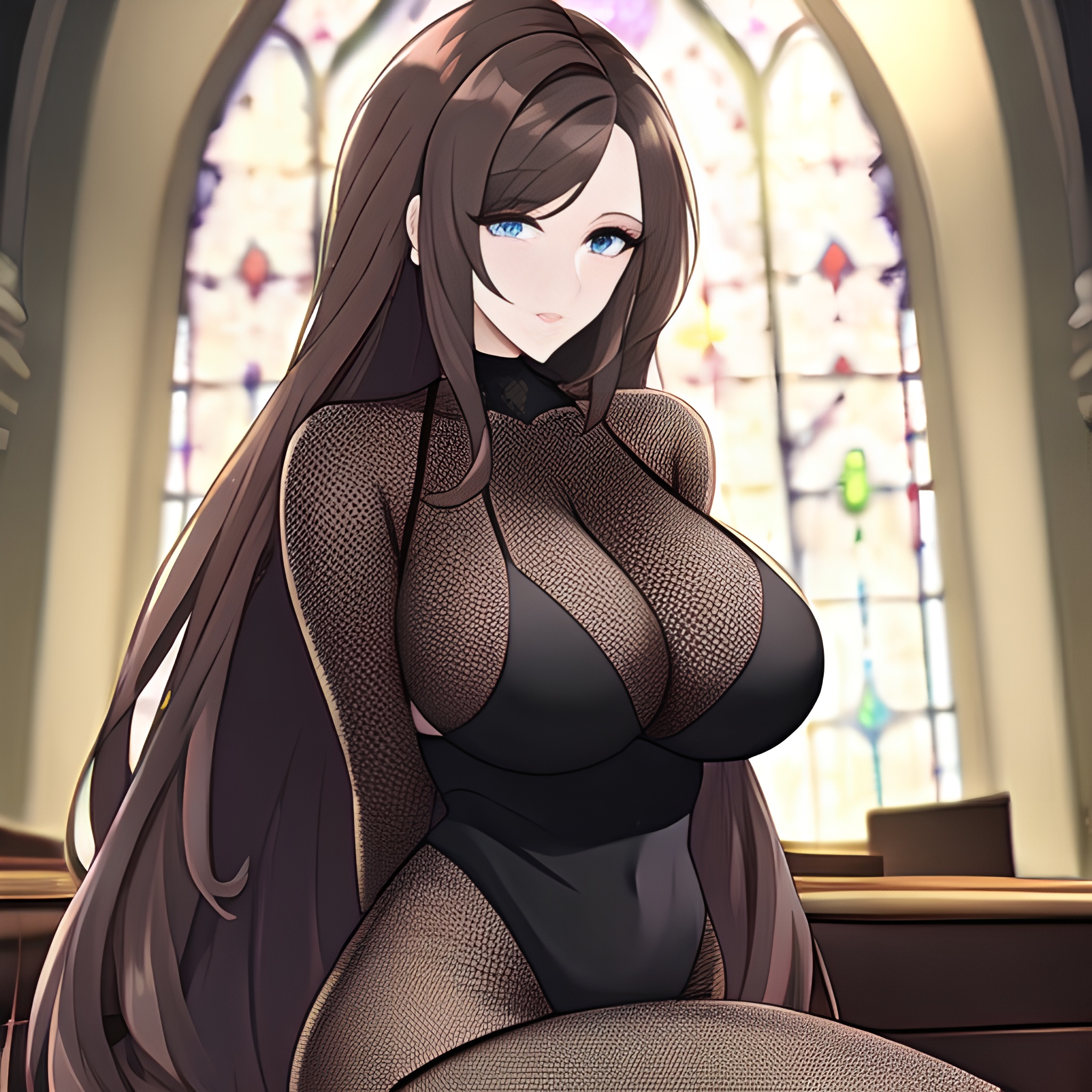 brunette fishnet woman church messy hair long hair