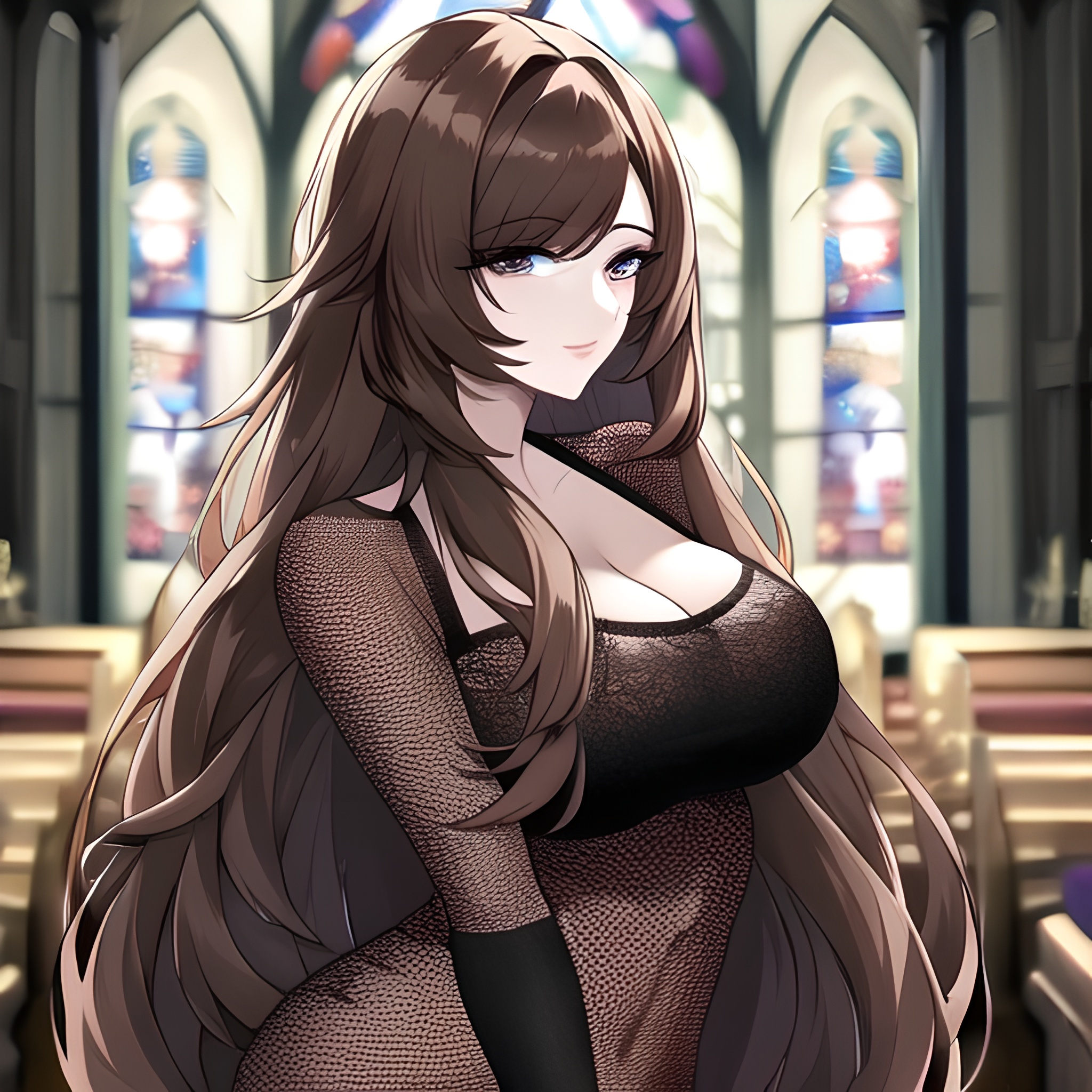 brunette fishnet woman long hair church messy hair 