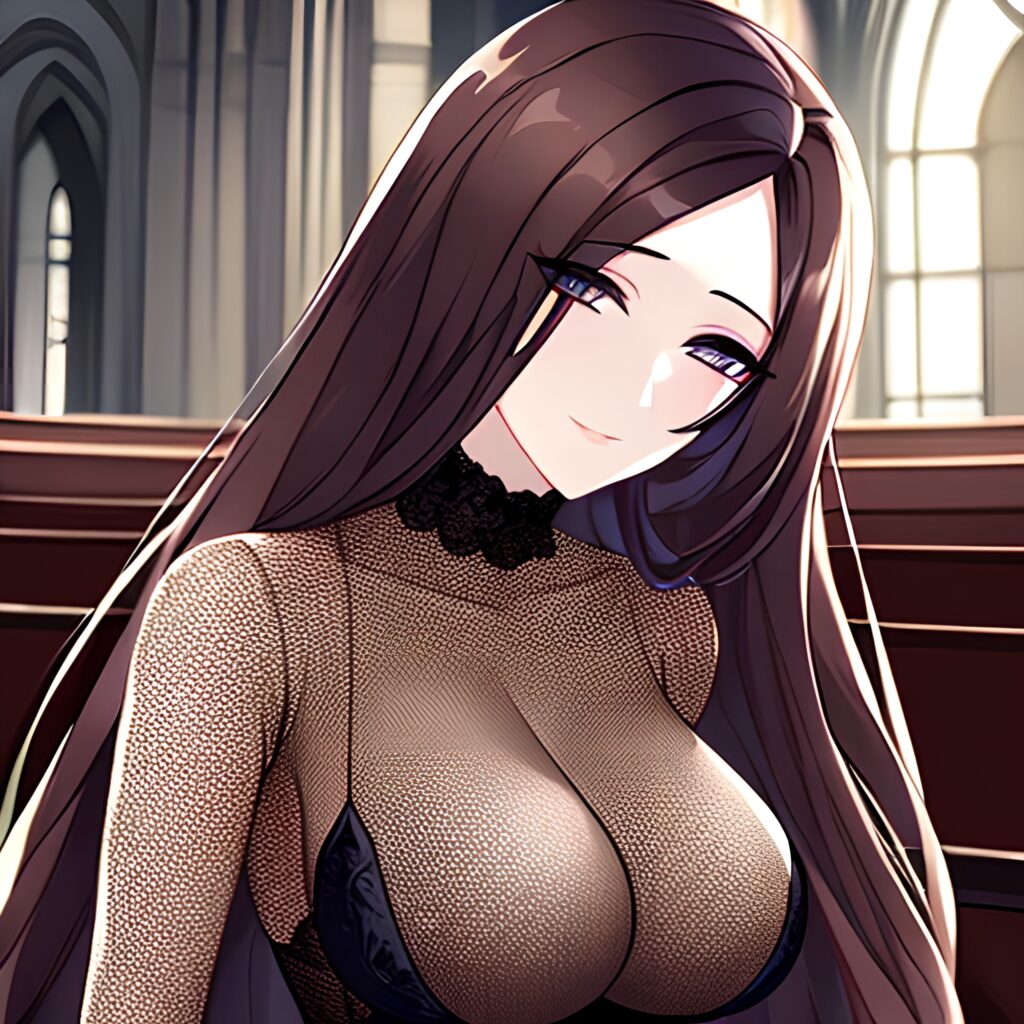 brunette fishnet woman long hair messy hair church 