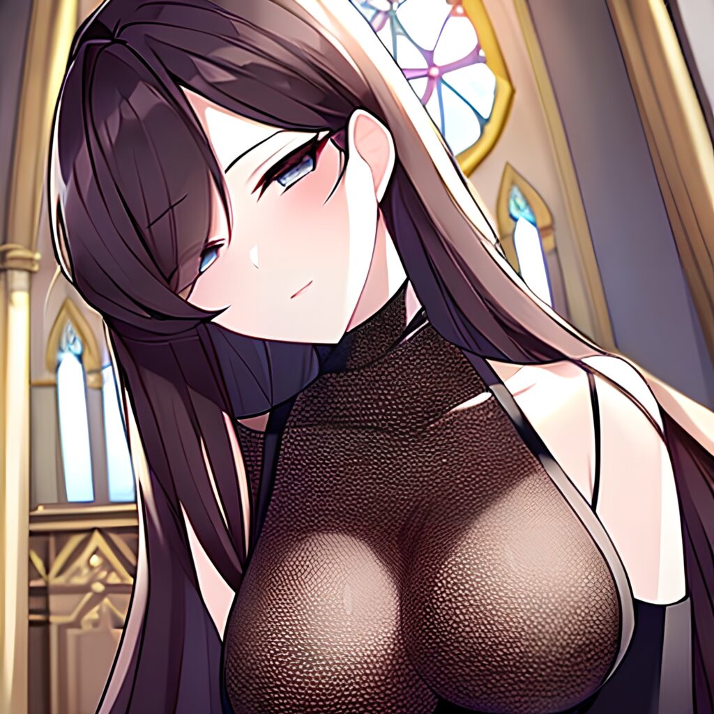 brunette fishnet woman long hair messy hair church
