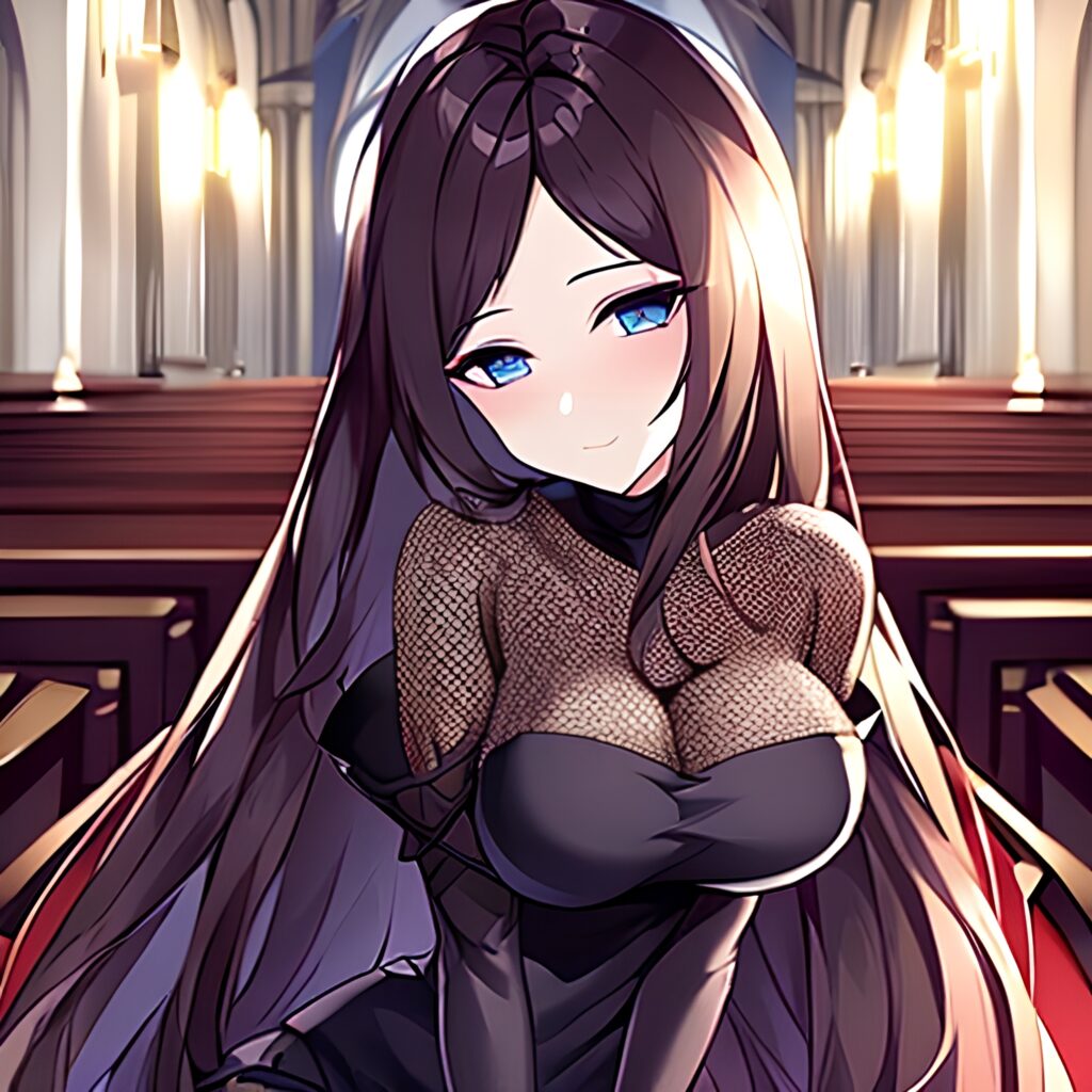 brunette fishnet woman long hair messy hair church 
