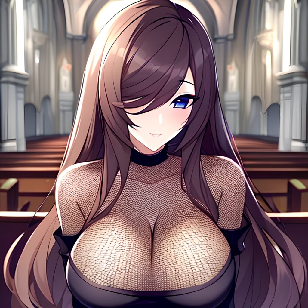 brunette fishnet woman messy hair church long hair 