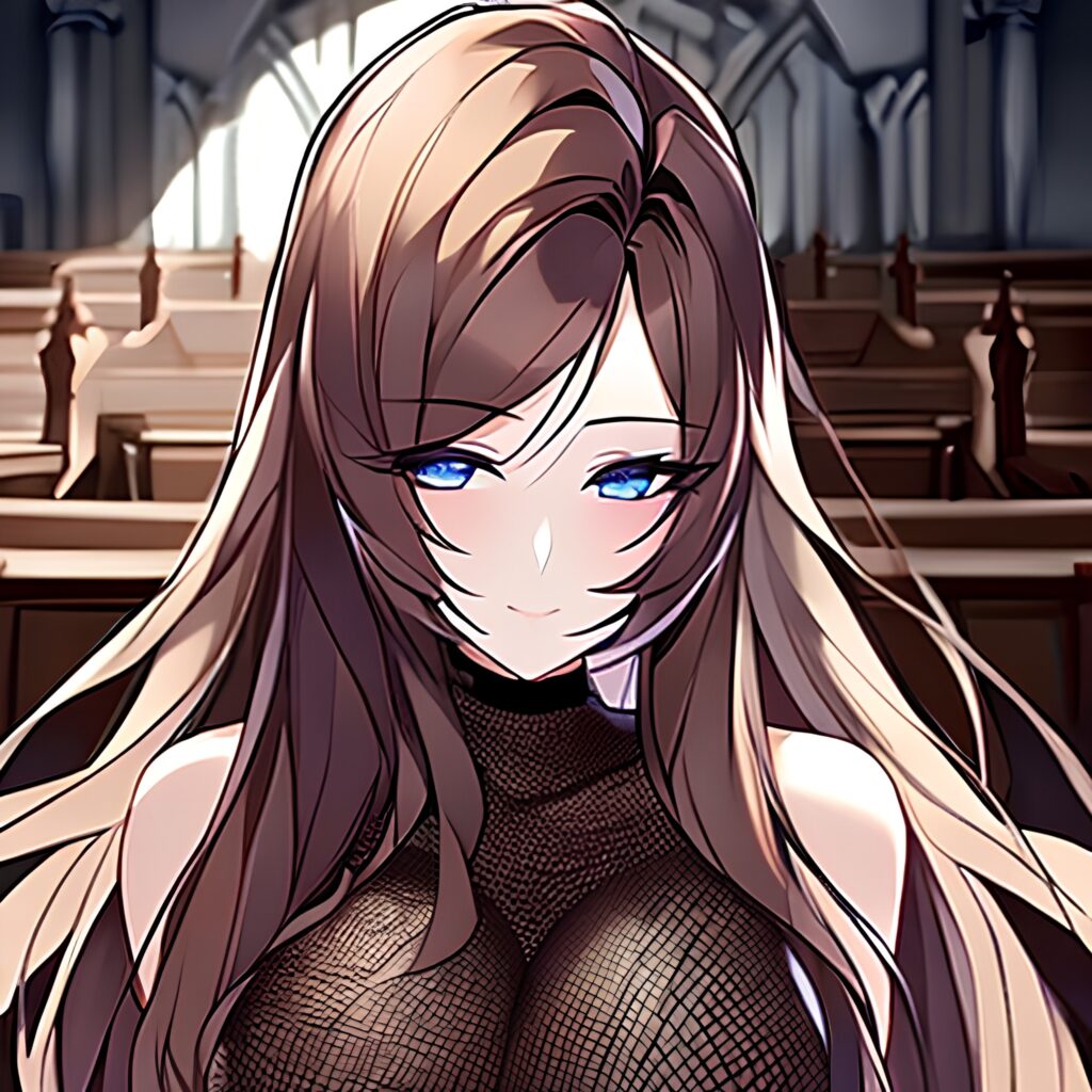 brunette fishnet woman messy hair church long hair 