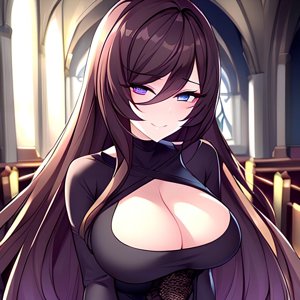 brunette fishnet woman messy hair long hair church