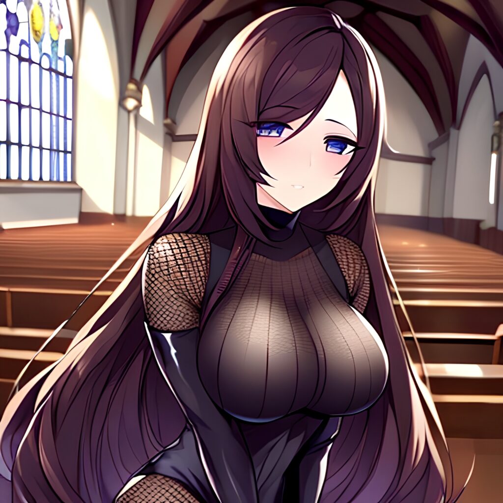 brunette fishnet woman messy hair long hair church