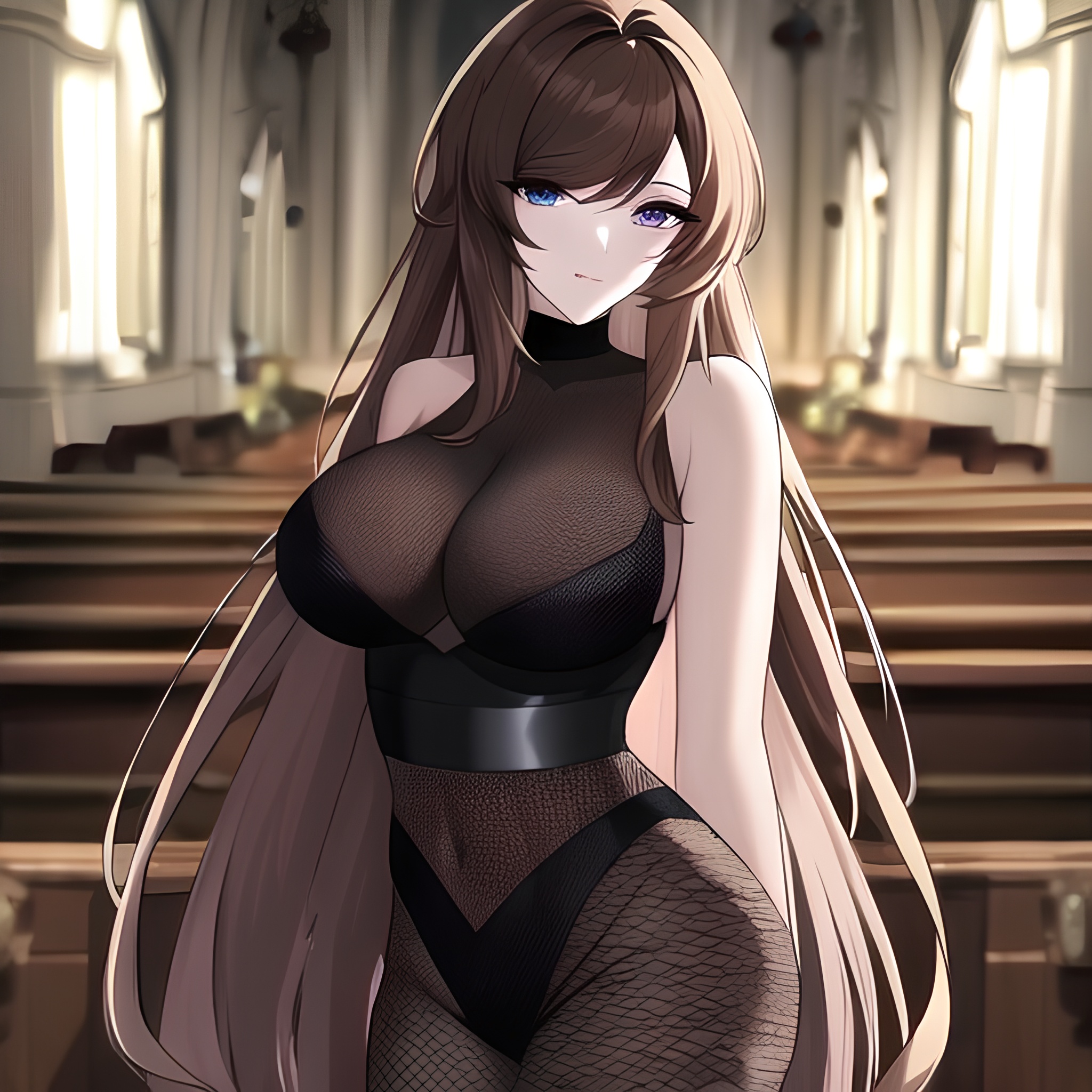 brunette long hair church fishnet messy hair woman