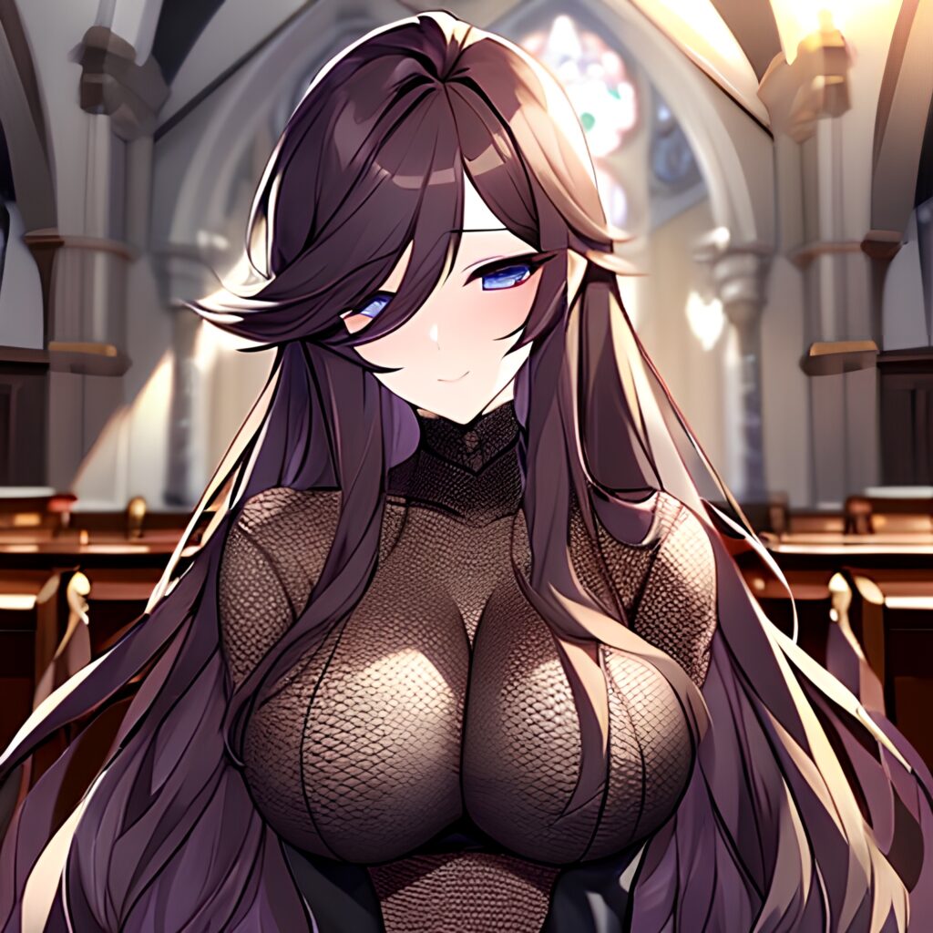 brunette long hair church fishnet messy hair woman