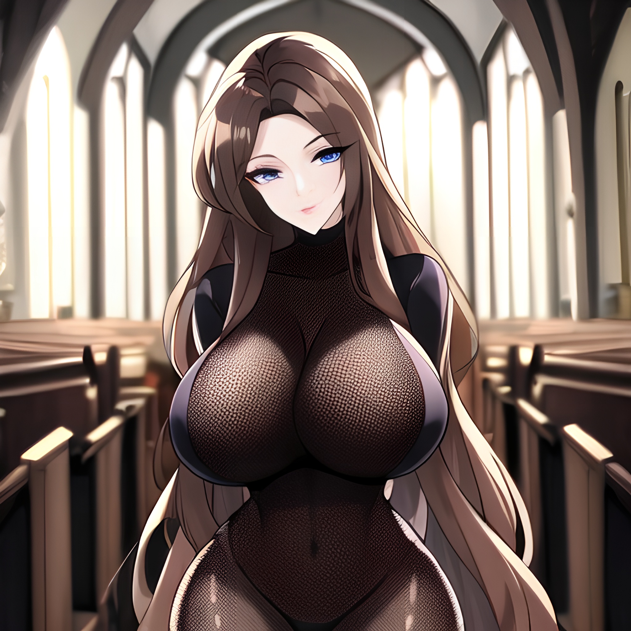 brunette long hair church fishnet woman messy hair 